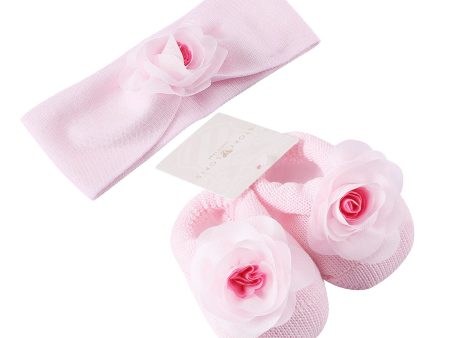 Baby Pink Knitted Cotton Rose Shoes&Hair Band Gift Set For Sale