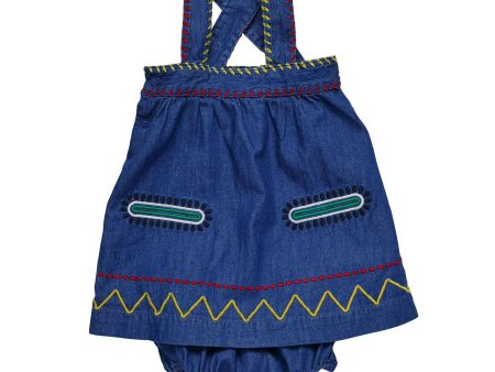 Baby Girls Blue Cotton Denim Zig Zag Embroidered Trims Dress With Bloomres Online Sale