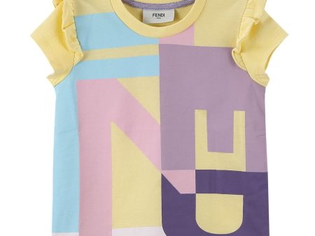 Girls Multicolour Cotton T-Shirt With Yellow Frilly Cuffs Online now