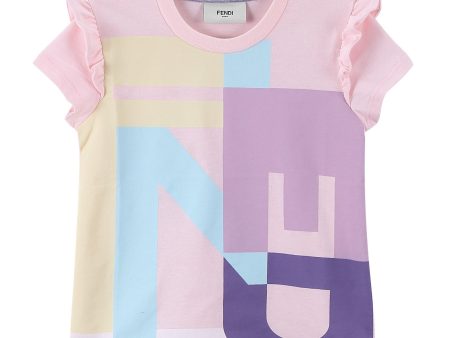 Girls Multicolour Cotton T-Shirt With Pink Frilly Cuffs Cheap