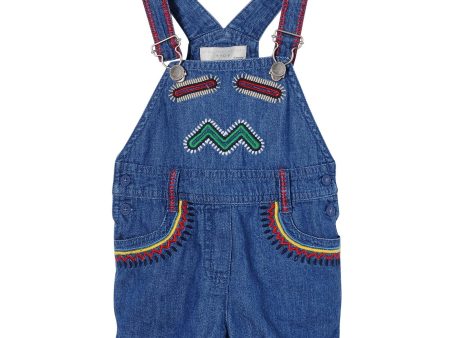 Baby Blue Cotton Denim Zig Zag Printed Trims Romper on Sale