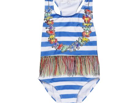 Girls Blue&White Striped Swimsuit With Floral Hula Print Trims Cheap