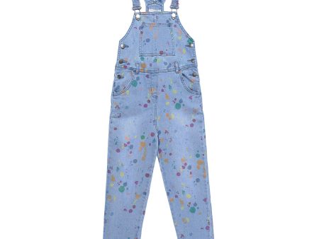 Girls Blue Denim Jumpsuit With Multicolour Splat Print Trims Discount