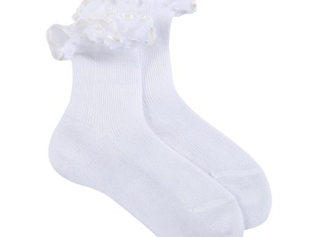 Girls White Cotton Short Socks With Ivory Strap Ankle Online Hot Sale