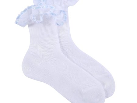 Girls White Cotton Short Socks With Light Blue Strap Ankle Discount