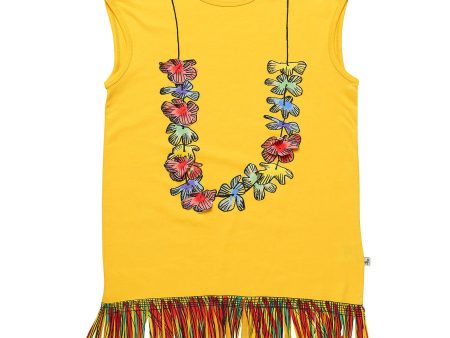 Girls Yellow Cotton Jersey Dress With Floral Print Trims Sale