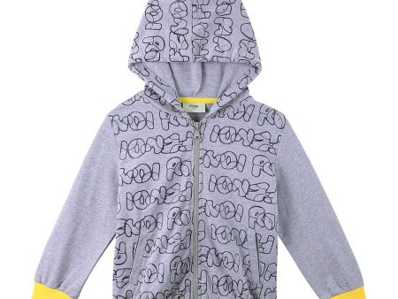 Boys Grey Cotton Printed Trims Zip-up Tops With Yellow Cuffs Online now