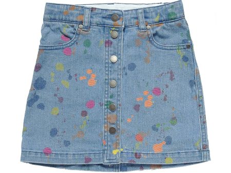 Girls Blue Denim Skirt With Multicolour Splat Print Trims Fashion