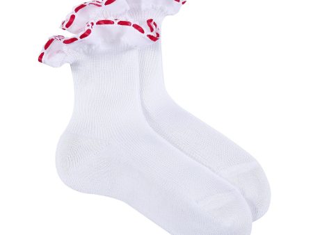 Girls White Cotton Short Socks With Red Strap Ankle For Cheap